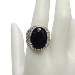 Black Faceted Rhinestone Tiny Brick Design Silver Tone Ring Size 10 Vintage